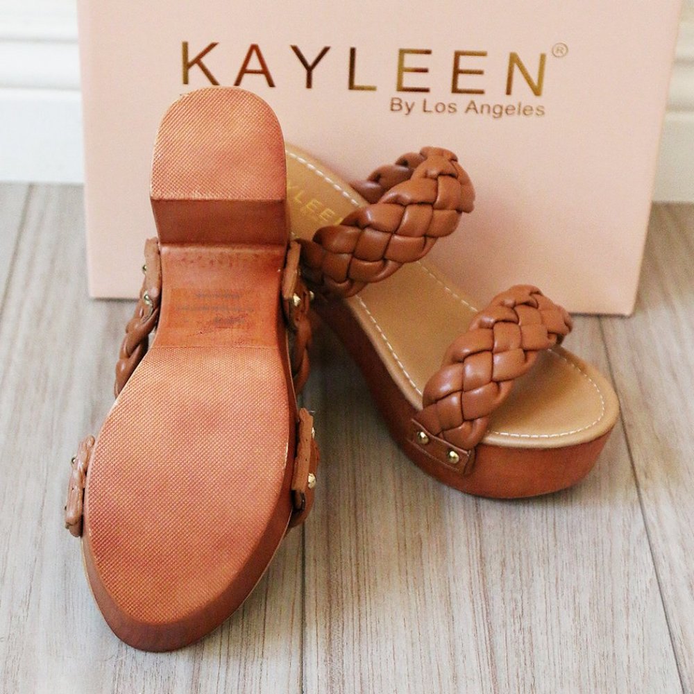 NEW Camel Braided Double Strap Platform Comfy Block Heel Slide On Sandals Shoes - Picture 5 of 10